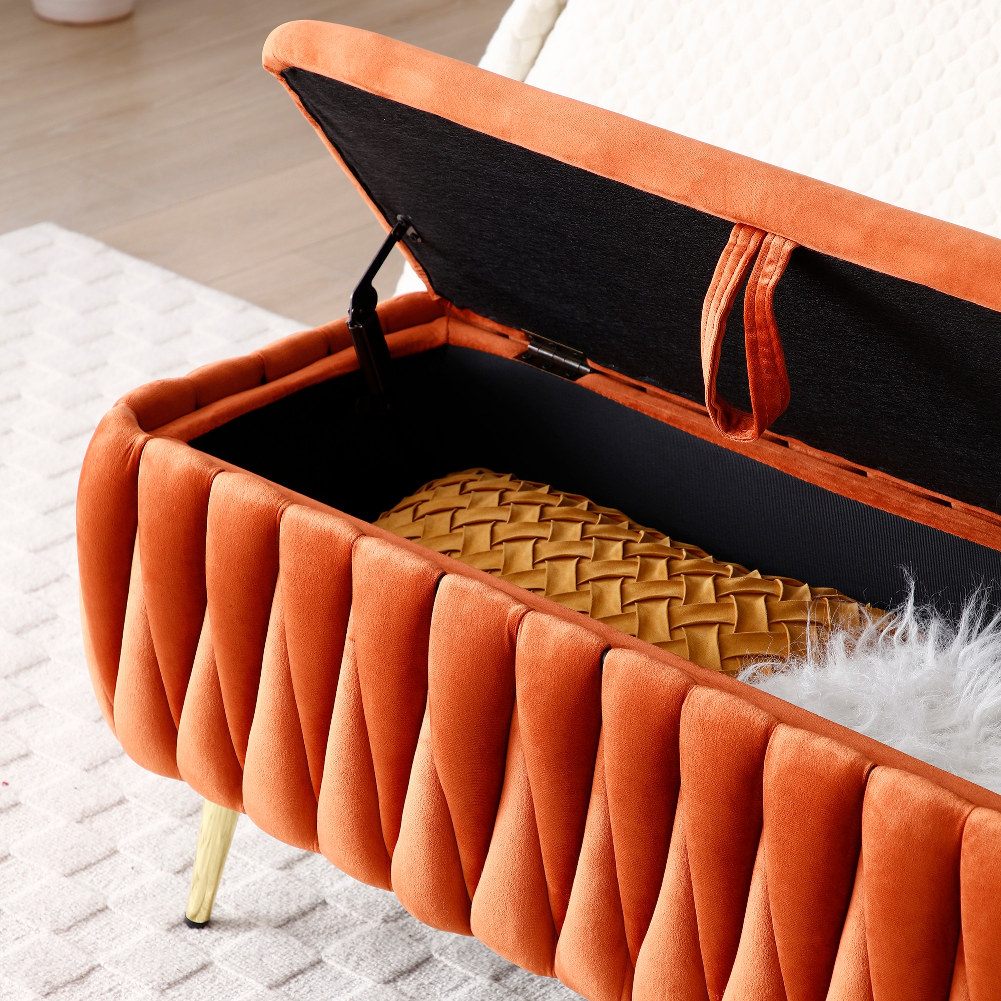 Oval Storage Bench With Gold Legs,Velvet Fabric ,Woven,Upholstered Ottoman Storage Benches For Bedroom End Of Bed,Sherpa Fabric Bench For Living Room,Dining Room,Entryway,Bed Side,Orange,5 Colors_voghion.com